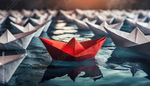  Red paper boat sails ahead of white paper boats which is a symbol of leadership concept