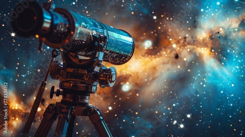 A telescope is pointed at a starry sky. The telescope is on a tripod and is looking at a star