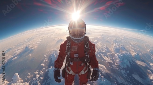 A man in a red spacesuit is floating in space. Concept of adventure and exploration, as the man is in the middle of the vast universe