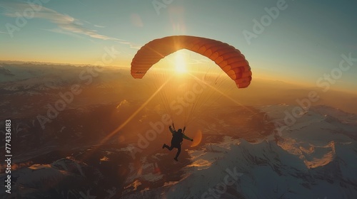 A man is flying a parachute in the sky. The sun is shining brightly, creating a warm and inviting atmosphere photo
