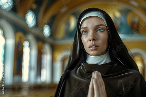 Portrait of a Devout Nun Engrossed in Prayer within the Serene Ambiance of an Ornate Church