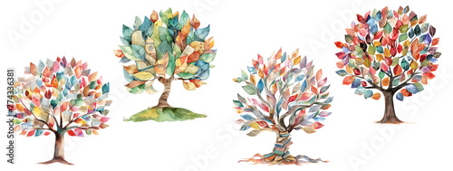 set of whimsical tree watercolor clipart ,transparent background