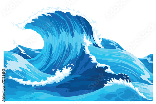 Ocean waves, splash water, marine sea storm element. Blue sea or ocean wave with spray, foam on crest. Vector illustration