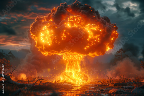 Nuclear atomic bomb explosion, radioactive war weapon, contamination disaster, mushroom fireball photo