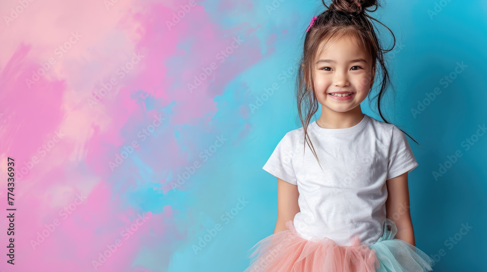 studio photo of a small smiling stylish Korean girl in a fluffy skirt and T-shirt on a color background, child, children, toddler, baby, kid, clothes, emotional face, expression, joy, smile, fun
