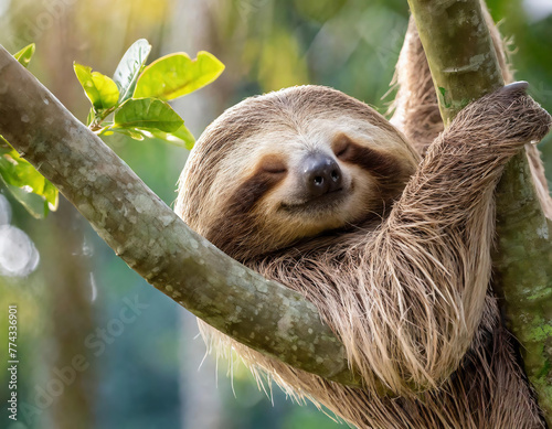 Portrait of two-toed sloth hanging on the tree  with eyes closed, seemingly in a peaceful sleep  photo