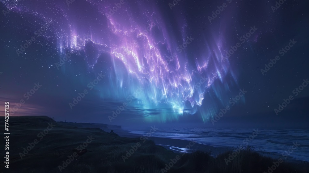 A beautiful night sky with a purple aurora. The sky is filled with stars and the aurora is glowing brightly