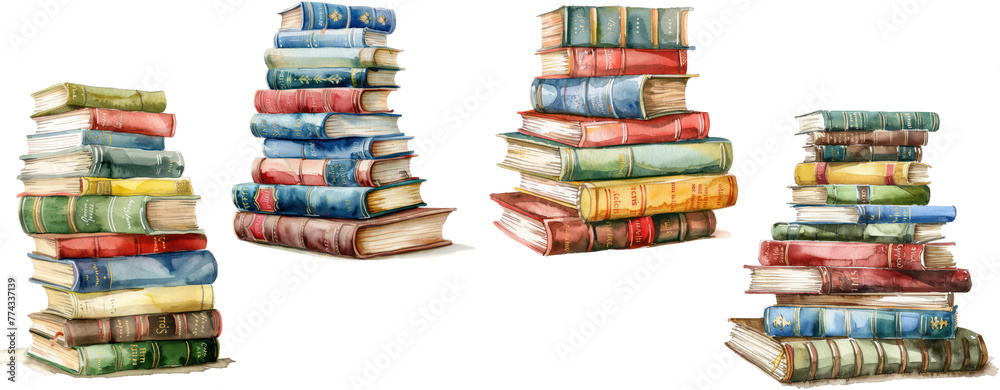Fototapeta premium set of Watercolor illustration of a stack of classic childrens books titles clearly beloved and well-read ,transparent background