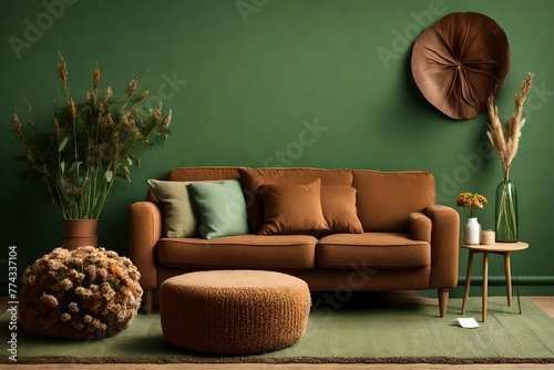 Cozy brown sofa with cushion, pouf and dried flowers in vase on green background
