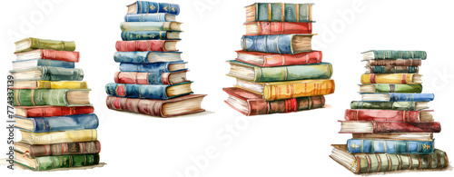 set of Watercolor illustration of a stack of classic childrens books titles clearly beloved and well-read ,transparent background
