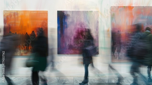 Blurred motion of people passing through the paintings on the wall in art gallery 
