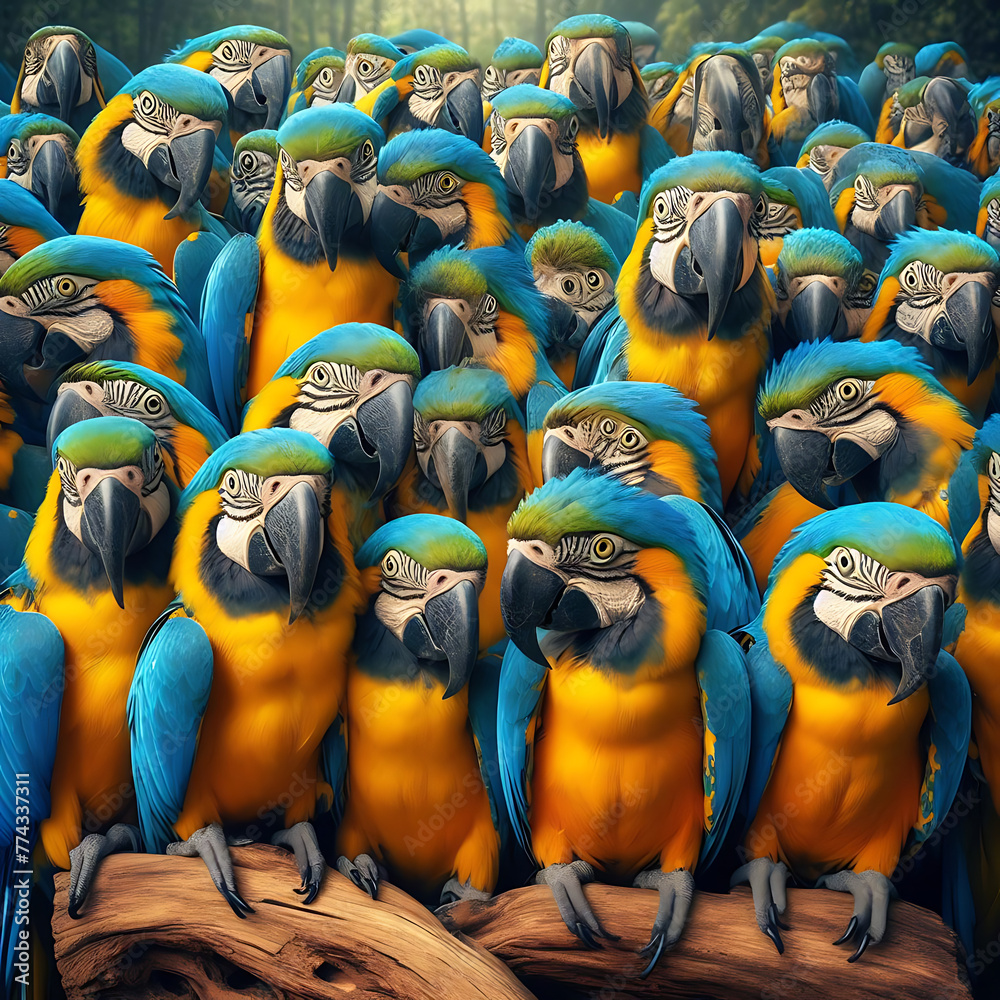 A group of colorful macaw on the tree .blue and yellow macaw. Blue and ... - Macaw Bird Keeping Multiple Colors In A Shared Cage With Rocks