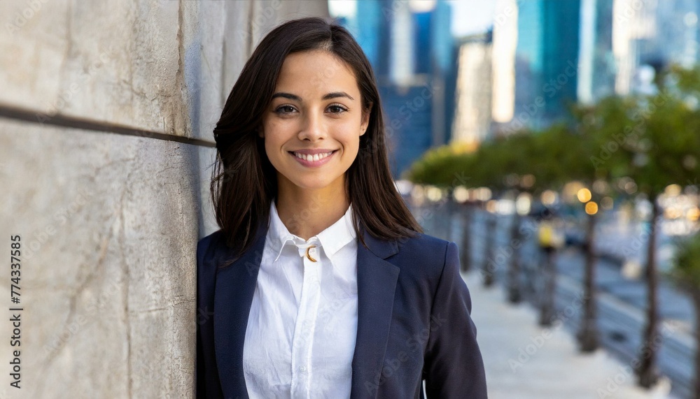 Fototapeta premium Smiling businesswoman with hands in pockets leaning on wall