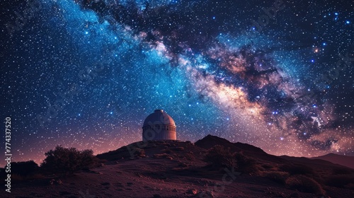 A large building is on top of a hill, with a beautiful night sky full of stars. The stars are scattered all over the sky, creating a sense of wonder and awe. The scene is peaceful and serene