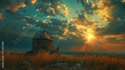 A small building with a dome on top is in the middle of a field. The sky is cloudy and the sun is setting