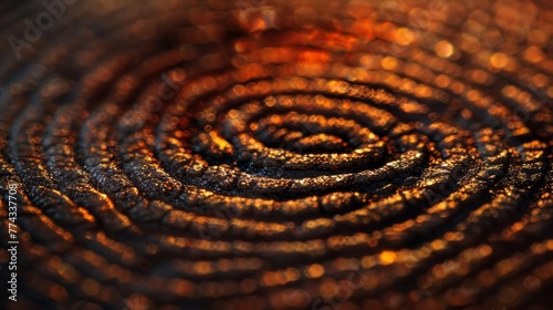 A close up of a circle with a dark brown color. The circle is surrounded by a lot of texture and he is made of wood. The image has a warm and earthy feel to it