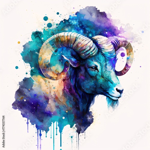 Ram head on colorful watercolor splashes background. Vector illustration.