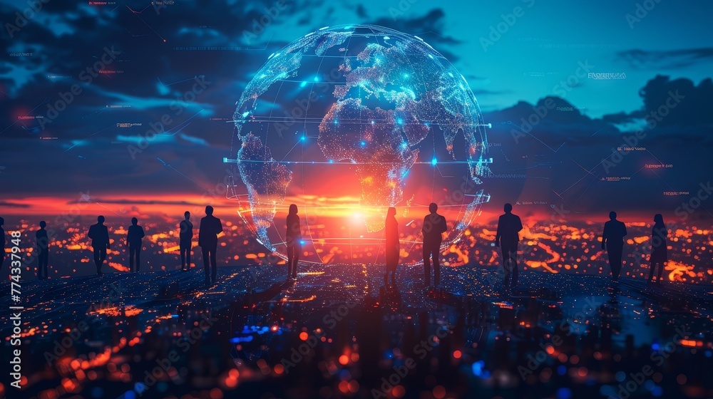 A group of people are standing in a city at night, with a glowing globe in the background. Concept of unity and connection among the people, as they are all gathered together in the same place
