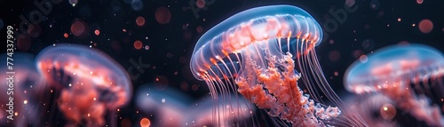 Jellyfish floating gracefully in a bioluminescent sea © Premreuthai