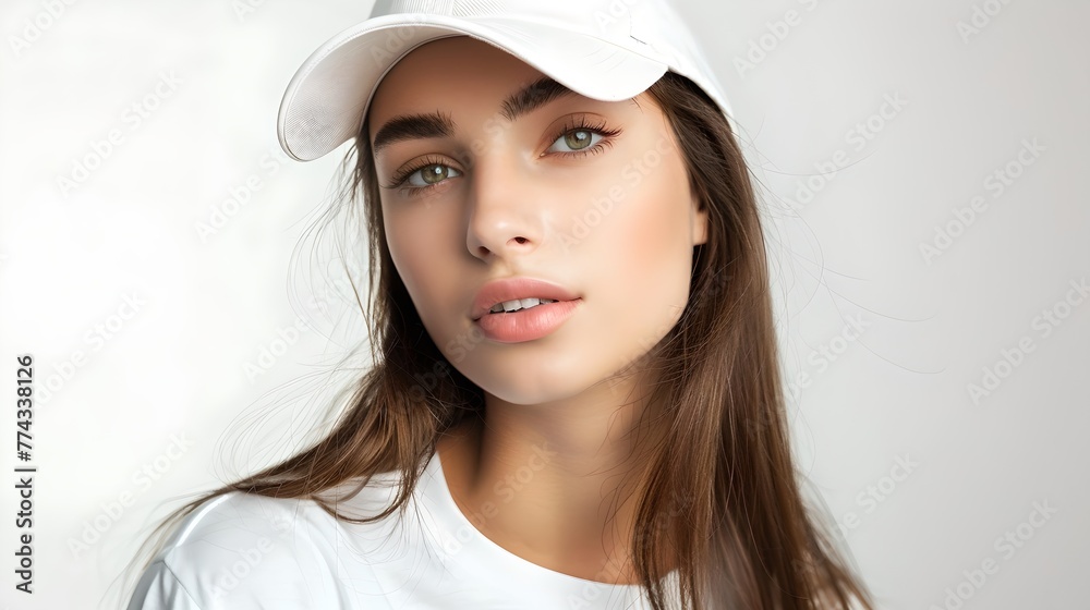 Young woman in a white cap and t-shirt posing against a light background. Casual style, looking at camera. Perfect for lifestyle advertising. AI Young woman in a white cap and t-shirt posing against a light background. Casual style, looking at camera. Perfect for lifestyle advertising. AI