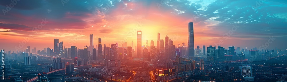 Futuristic cityscape with interconnected transport systems and highspeed trains Futuristic cityscape with interconnected transport systems and highspeed trains