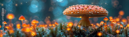 Glowing mushrooms lighting up a dark forest floor © Premreuthai