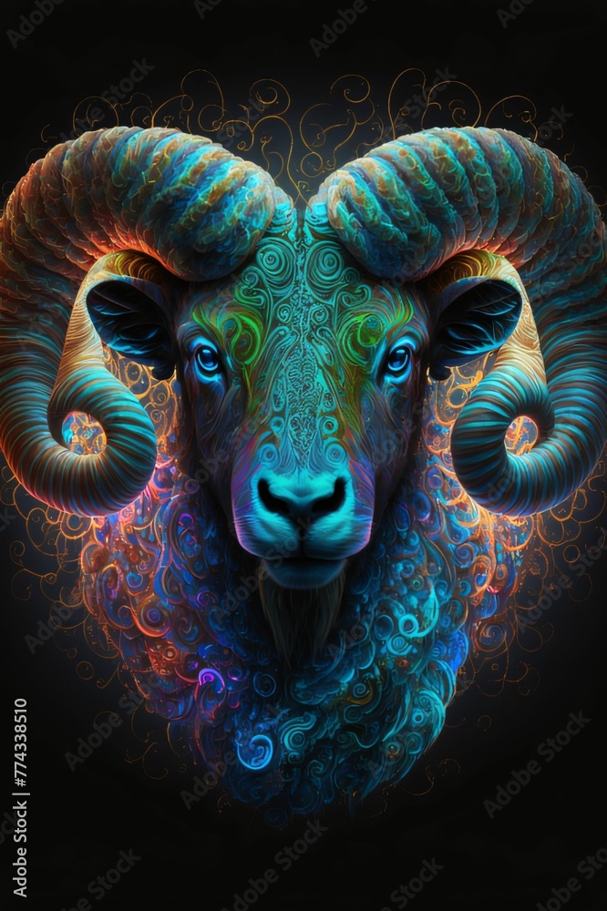 Ram head with abstract fractal background. Computer-generated illustration.