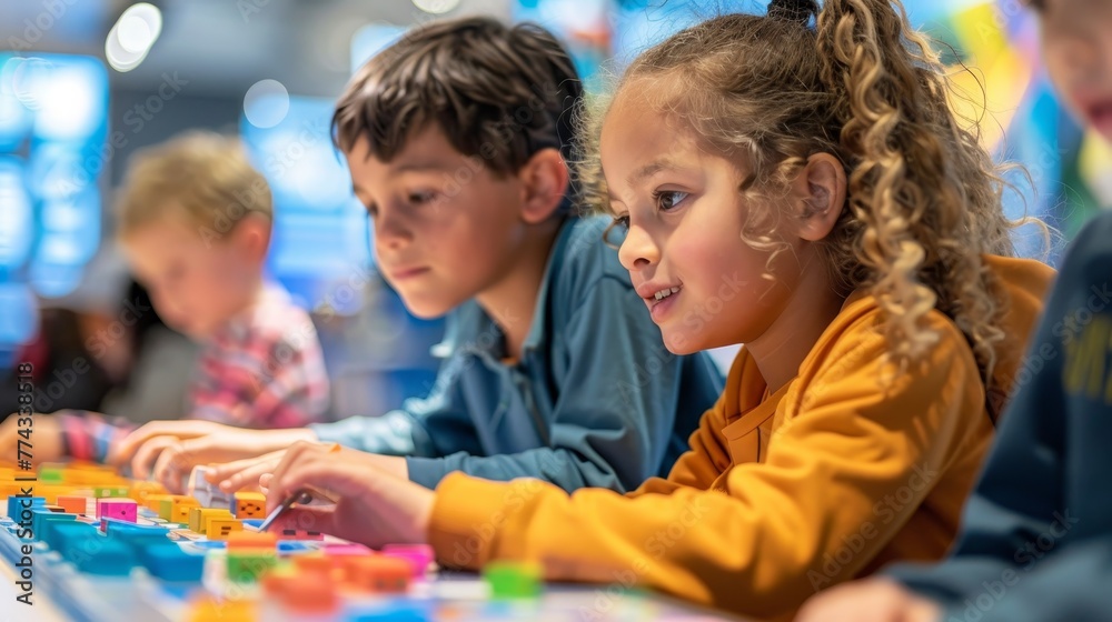 A group of children are playing with blocks and a girl is smiling. Scene is happy and playful A group of children are playing with blocks and a girl is smiling. Scene is happy and playful