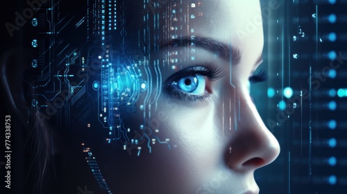 Cybersecurity Cyborg or Girl with Eye Scan for Biometric Data Safety in Futuristic Portrait Generative AI