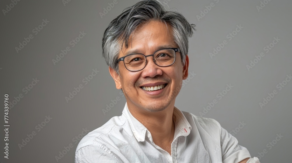 Cheerful Asian mature man in white shirt, arms crossed. Cheerful Asian mature man in white shirt, arms crossed.