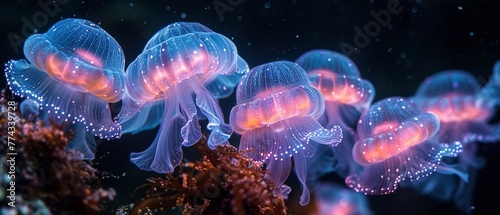 A mesmerizing display of glowing sea creatures in the ocean depths © Premreuthai