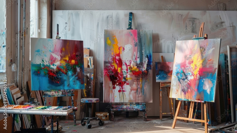 Three contemporary abstract paintings on the art studio. Nonfigurative abstract paintings of the same artistic series with colorful stains and strong brush texture. 
