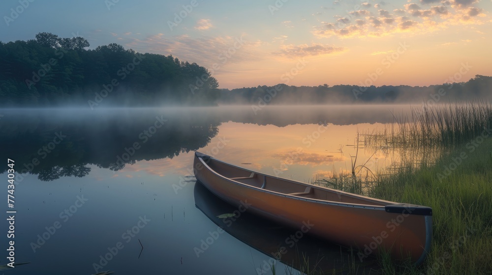 A single canoe rests on the calm waters of a misty lake reflecting the golden sunrise and the surrounding forest. Resplendent.