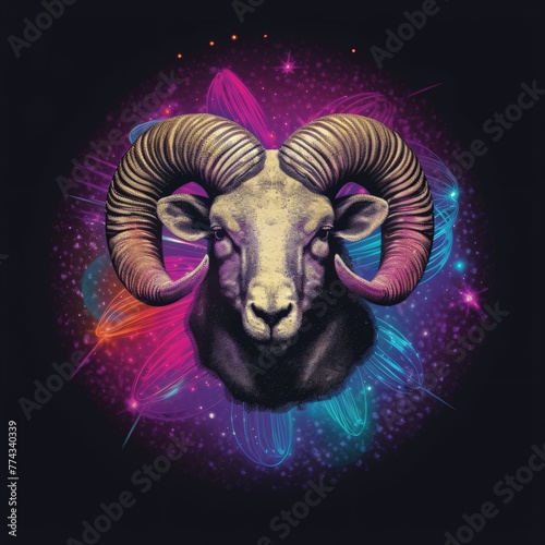 Mouflon head with colorful holographic lights. Vector illustration.