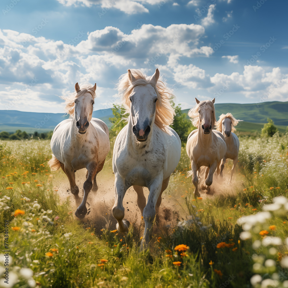 horses grazing in the meadow in spring horses grazing in the meadow in spring