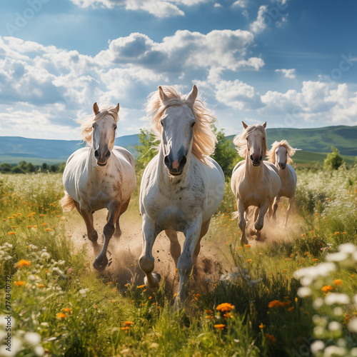 horses grazing in the meadow in spring