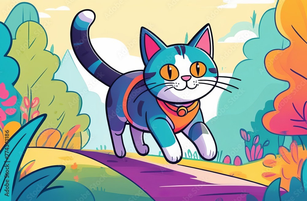 Obraz premium An adorable blue-striped kitten walking in the colorful autumn woods