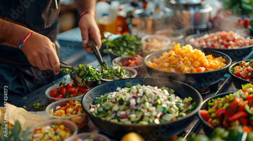 A close-up of traditional Cinco de Mayo foods being prepared, the frame filled with the rich colors and textures of Mexican cuisine, an integral part of the festival's activities 