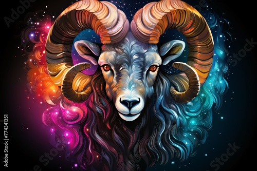 Ram head vector illustration. Colorful zodiac sign on dark background