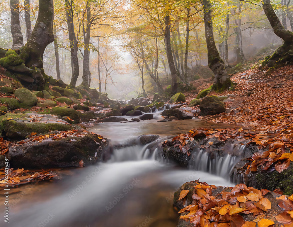 Misty autumn scene with stream flowing through the valley Misty autumn scene with stream flowing through the valley