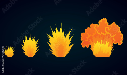 Explosion animation. Animation for game of the explosion effect. Cartoon animation for game. Exploding effect frames. Hand drawn vector illustration