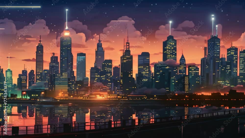 This captivating painting depicts the radiant lights of a city skyline ...