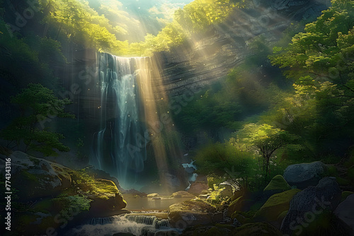 a painting of a waterfall in the middle of a forest with sunlight streaming through the trees and the water running down the side of the cliff to the bottom of the waterfall. photo