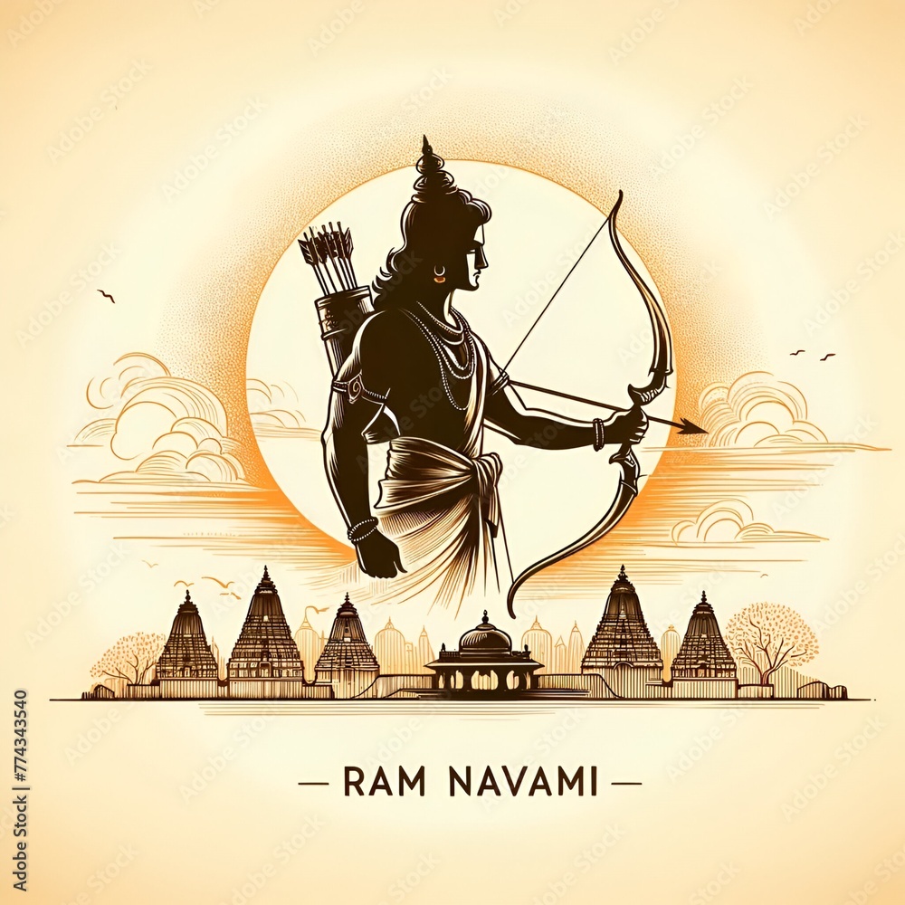 Illustration for ram navami with lord rama holding a bow and arrow. - obrazy, fototapety, plakaty 