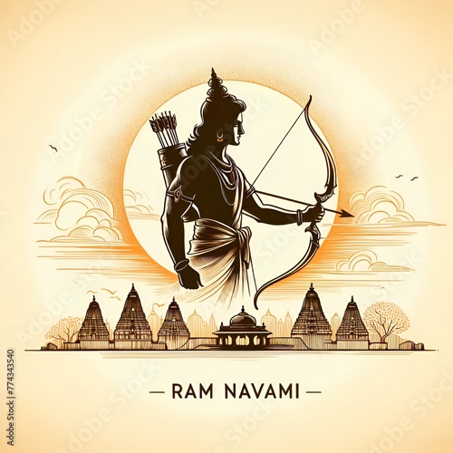 Illustration for ram navami with lord rama holding a bow and arrow. © Milano