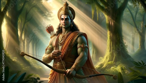 Realistic illustration of lord rama holding a bow and arrow.