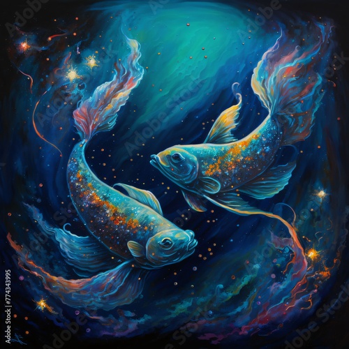 Illustration of two goldfish in cosmic space with fire and stars © Hawk