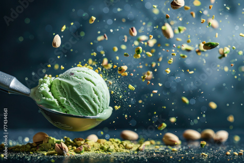 Pistachio Ice Cream Scoop with Flying Nuts. A vibrant image capturing a scoop of pistachio ice cream in mid-air surrounded by flying pistachio nuts and crumbs.