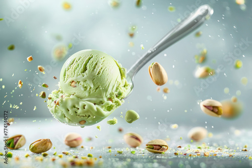 Pistachio Ice Cream Scoop with Flying Nuts. A vibrant image capturing a scoop of pistachio ice cream in mid-air surrounded by flying pistachio nuts and crumbs. photo