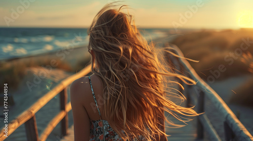 Back view portrait of lonely girl walking on a boardwalk in beach at evening with warm sunset